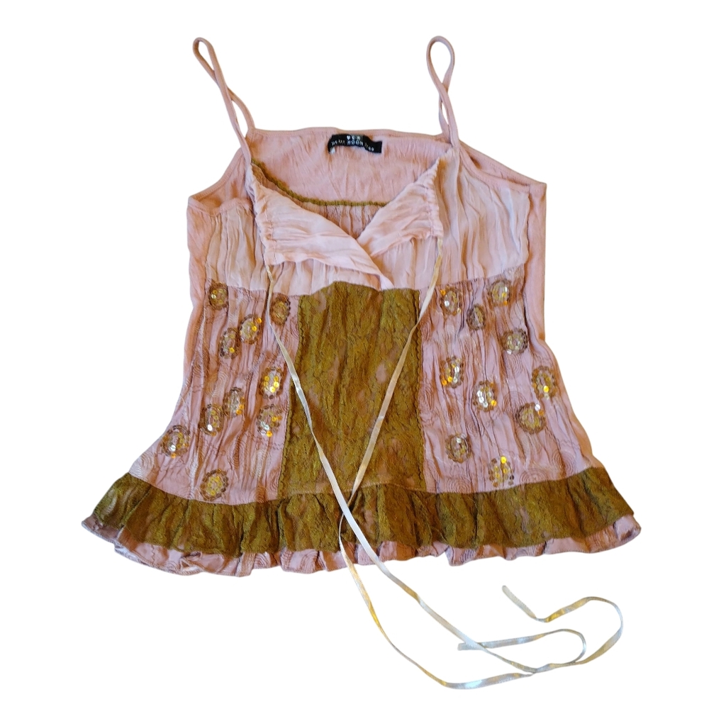 Y2K Vintage Fairy Embroided Sequin Lace Pastel Pink & Gold Cami Top Sz XXS